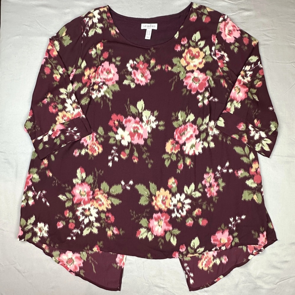 Women Tulip Back Top 2X Burgundy Pink Floral Print 3/4 Sleeve Tunic Dark Cottage - Picture 12 of 13
